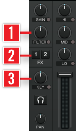 Le Mixer Interne et le Crossfader FILTER, KEY et Inserts d effets (2) Cue : le bouton Cue permet d écouter la Deck sur la sortie Monitor (donc dans votre casque).