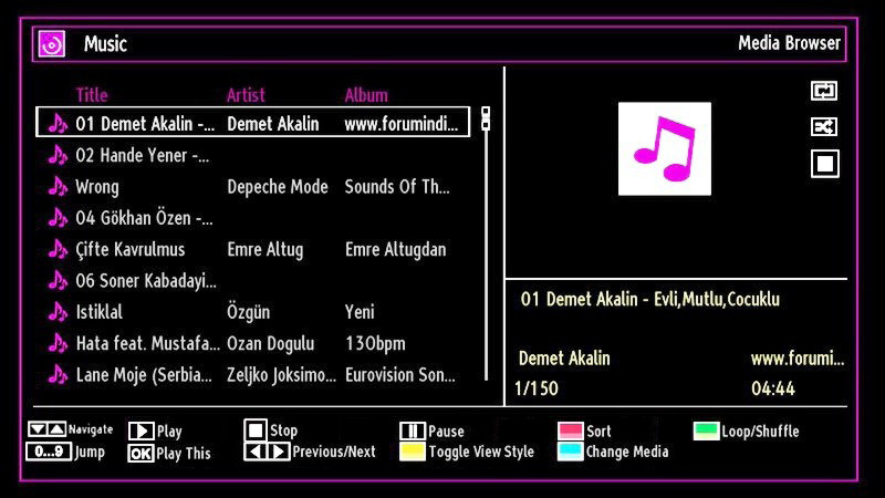 Playing Music via USB When you select Music from the main options, available audio fi les will be fi ltered and listed on this screen. BLUE: Changes media options. INFO: Changes fi lter options.