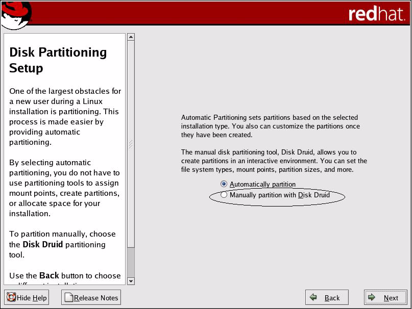 b. Partitionnez le disque, selon les besoins, en vous reportant aux instructions présentées dans l'écran Red Hat de partitionnement de disque.
