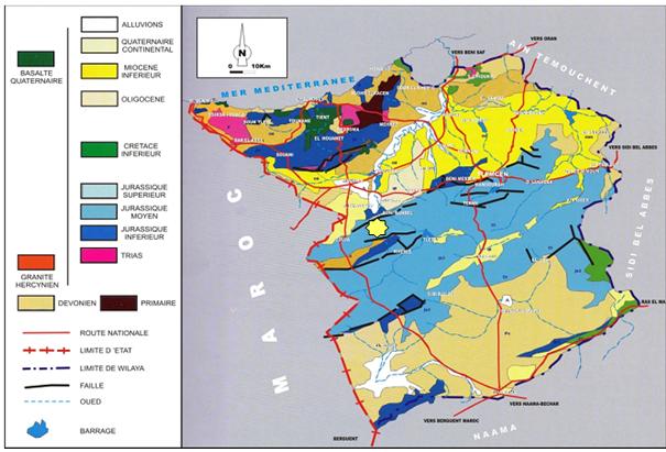 Fig. 13: Carte géologique des Monts de Beni Snous avec la répartition des indices aurifères (Aissa D.E et Hadj Mohamed Nacéra, 2008) Fig.