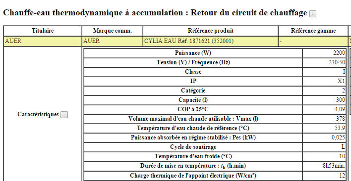 Exemple pour le Cylia EAU 300 L Extrait du site du LCIE Saisie des résultats