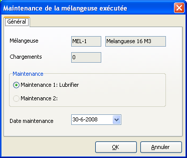Maintenance mélangeuse L écran Maintenance mélangeuse permet d'enregistrer les maintenances de mélangeuse. La «dernière maintenance» est ainsi complétée et l état de la mélangeuse est réactivé.