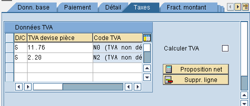 Indiquer le taux de TVA pour chaque montant HT en cliquant sur le matchcode de la colonne «C». Pour ex. : 19.60 % pour 60 et 5.