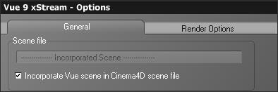 4) Vue xstream Si vous utilisez Vue xstream dans vos projets Cinema 4D, vous devez incorporer la scène Vue dans la scène C4D avant d'envoyer votre projet sur le RANCH.