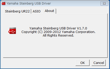Yamaha Steinberg USB Driver Fenêtre About (À propos de) Cette fenêtre affiche des informations sur le pilote audio.