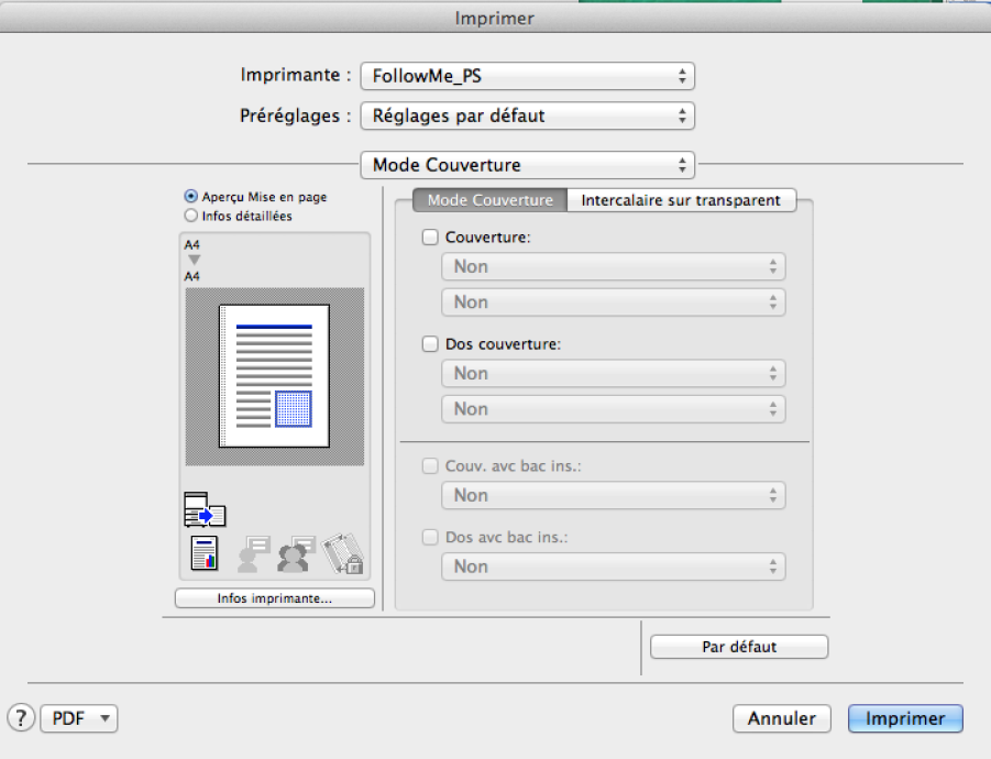 4.10 Fenêtre d'impression Mode Couverture Service informatique La fenêtre d'impression Mode Couverture (Mac OS X