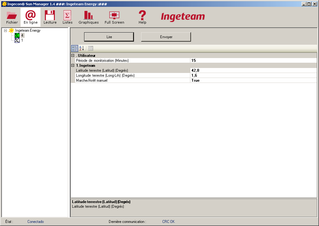 6 Menu Contextuel d Ingecon 6.1 Configuration Ingecon Sun On visualise le Panneau de Configuration. En cliquant sur Lire, on lira la configuration de l Ingecon sélectionné.