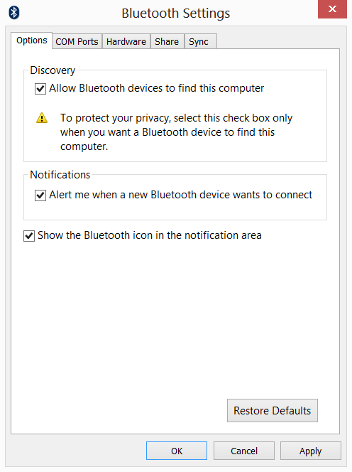4. Cochez la case Autoriser les périphériques Bluetooth à rechercher cet ordinateur, cliquez sur Appliquer, puis cliquez sur OK.