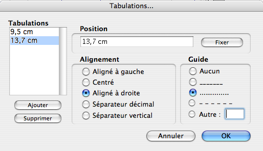 2.4.3 Mise en page avec les taquets de tabulations Pour affiner la mise en page, on peut utiliser le dialogue de paramétrage des tabulations.