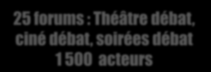 Troisième enjeu : 25 forums : Théâtre débat, ciné débat, soirées débat 1 500 acteurs Accroître la