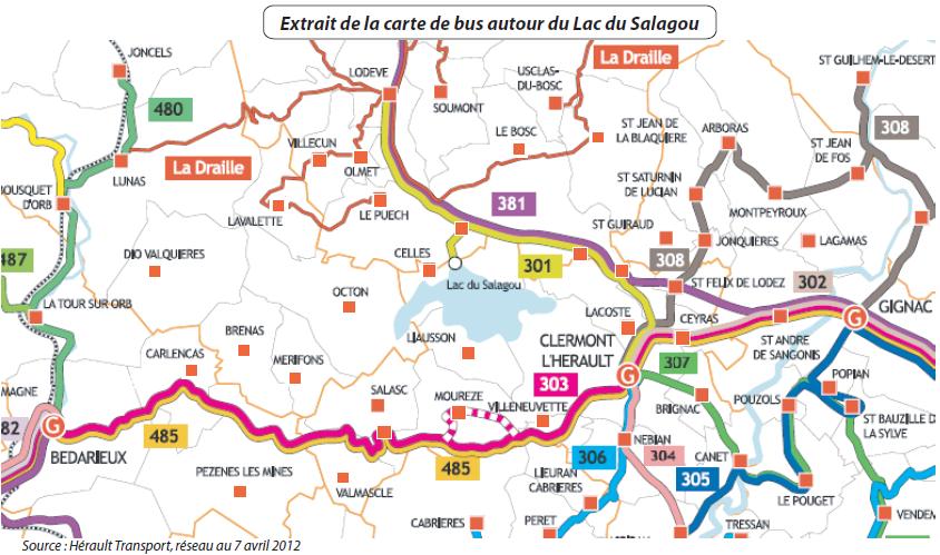 2.2. LES TRANSPORTS EN COMMUN LE RESEAU DES BUS DEPARTEMENTAUX : Nord du Lac du Salagou Ligne 301 : de Clermont-l Hérault à Lodève en passant par Le Bosc (Sallèles et Cartels) ; le trajet est