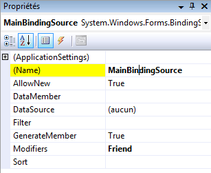 Affichez les propriétés du contrôle BindingSource1 (F4). Configurez la propriété (Name) avec la valeur : mainbindingsource : Pour tout savoir sur la classe BindingSource : http://msdn.microsoft.
