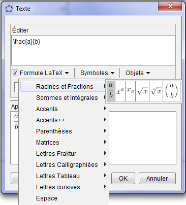 Textes en LaTeX Un clic sur ABC puis sur Insérer Texte, suivi d'un clic sur la figure pour ouvrir la boite de dialogue.