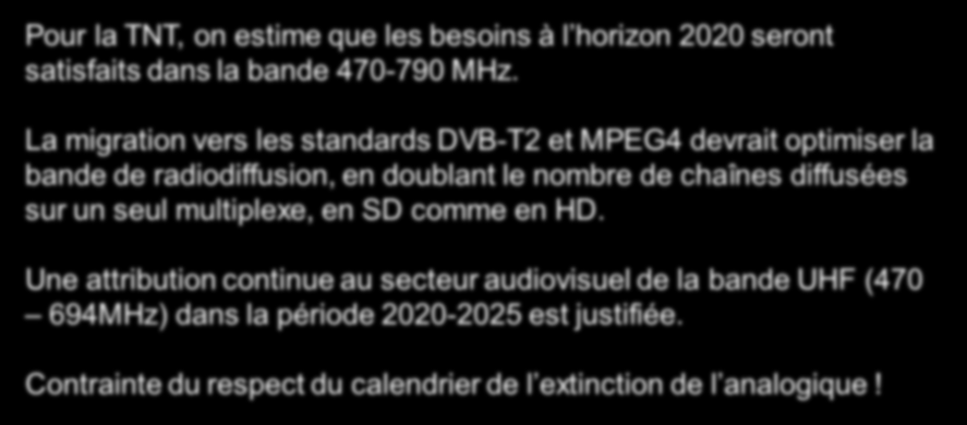 Besoins futurs en fréquences Pour la TNT, on estime que les besoins à l horizon 2020 seront satisfaits dans la bande 470-790 MHz.