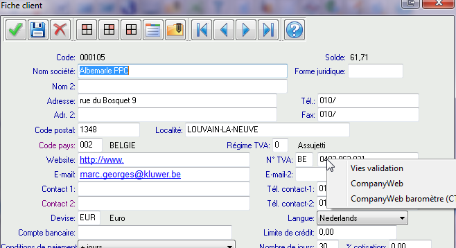 4.3. Le baromètre dans les écrans des fiches Kluwer software T +32 (0)9 240 92 40 Le CompanyWeb baromètre n'est pas affiché par défaut dans les écrans des fiches.