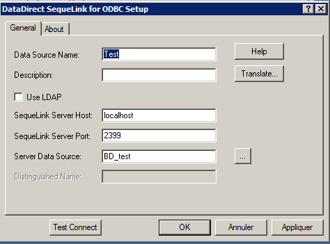Renseigner le panneau ainsi : - Data Source Name : le nom qu on souhaite donner à cette connexion - SequeLink Server Host : localhost - SequeLink Server Port : 2399 - Server