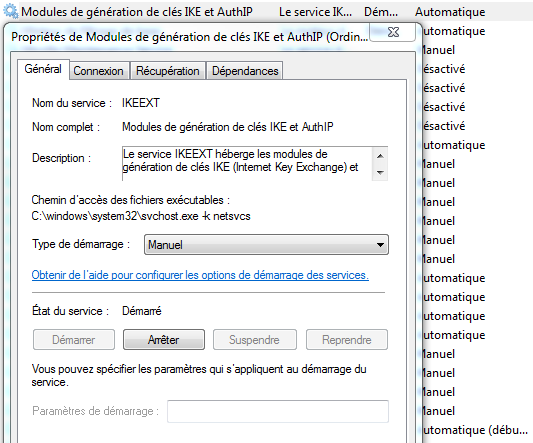 Configuration du client L2TP Windows 7 Assurez-vous que le service «Modules de génération de clés IKE et AuthIP» est