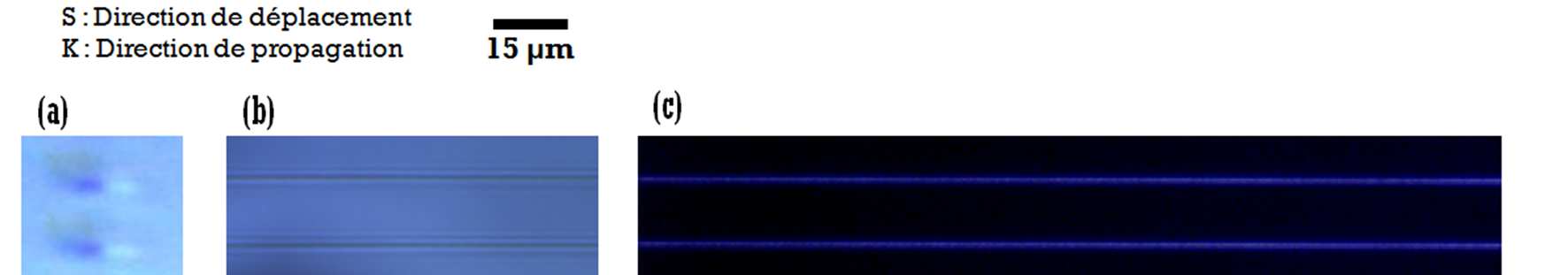 Figure 4. 22. Images d un échantillon de verre LBG dopé 1 mol% Ag2O après structuration laser de carrés de 1mm² avec les paramètres : u= ë.ç, v =ÊË (carré orange) et u= Ý ë.ç, v =ËË (carré bleu).