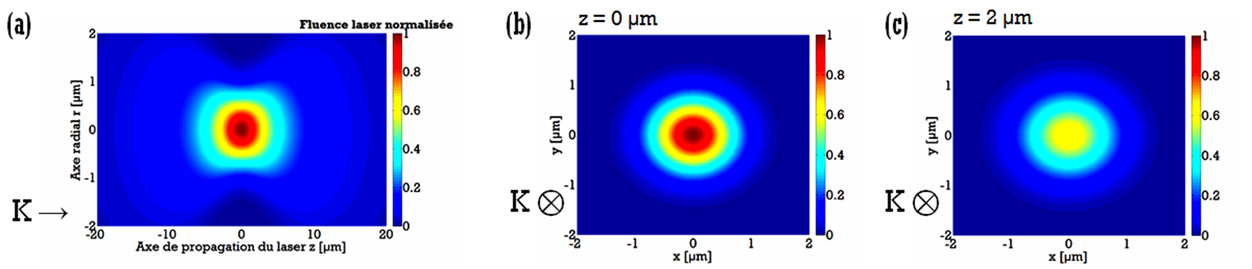 Figure 3. 15. (a) Variation de la fluence d un faisceau laser gaussien selon l équation de propagation [3. 6] le long de l axe optique o.