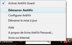 L antivirus s ouvre par un clic droit sur son icône, ici le symbole d Avira Antivir (icône carrée rouge munie d un parapluie ouvert), puis dans le menu : Démarrer Antivir.