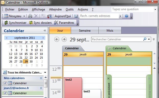Serveur IceWarp - guide Outlook Sync 34 Si jean22 partage son calendrier, il apparaît automatiquement dans le volet Calendrier Outlook : Le calendrier à gauche est celui du compte principal et le