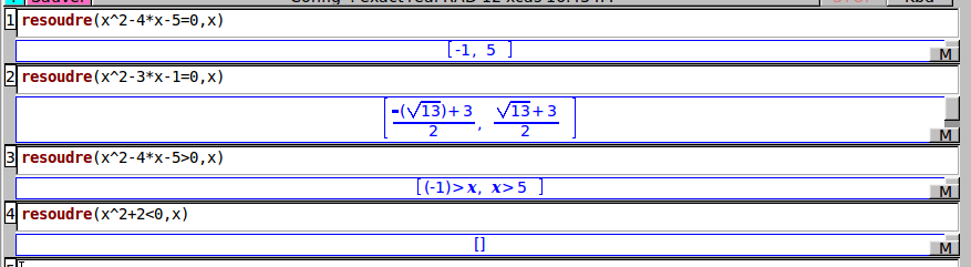 Exemple Pour donner un nom à une expression on utilise := Ne pas oublier les deux points devant le signe égal. A:=/3 B:=/3+/5 La commande A*B donnera le produit de A par B, c'est à dire 3 45.