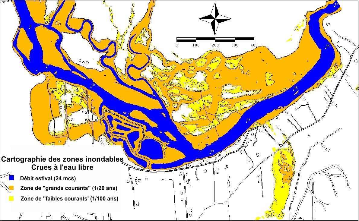 Figure 23 : Zones inondables pour les crues à l eau libre Zoom secteur des Îlets Trois-Saults - Récurrences 1/20 ans et 1/100 ans Note : la présente carte ne représente en rien le risque associé aux