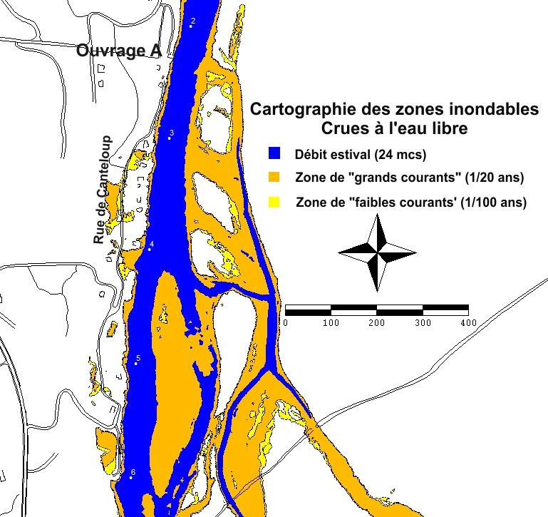 Figure 24 : Zones inondables pour les crues à l eau libre Zoom secteur de la rue de Canteloup - Récurrences 1/20 ans et 1/100 ans.