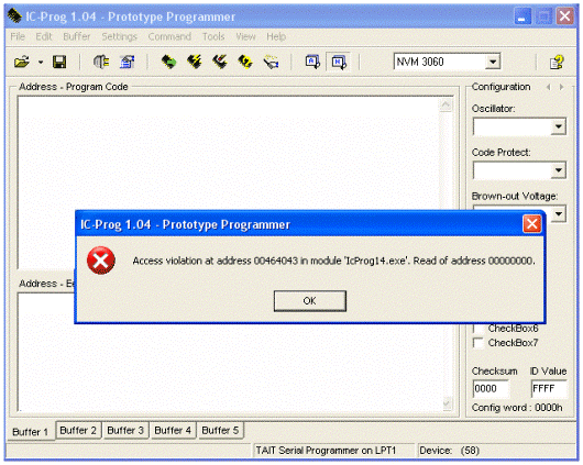 Vous obtenez le message suivant. Cliquez sur OK. La fenêtre principale s'ouvre puis dans la boite de dialogue Prototype Programmer, cliquez sur OK.