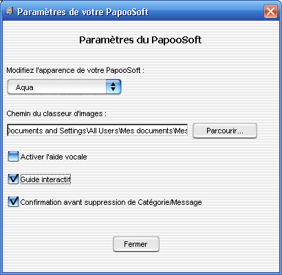 Voici un exemple d écran qui apparaît alors : Paramètres Site Web 37 Si vous disposez d une connexion Internet, ce bouton vous permet d accéder directement au site Internet du Papoo, www.papoo.fr 1.