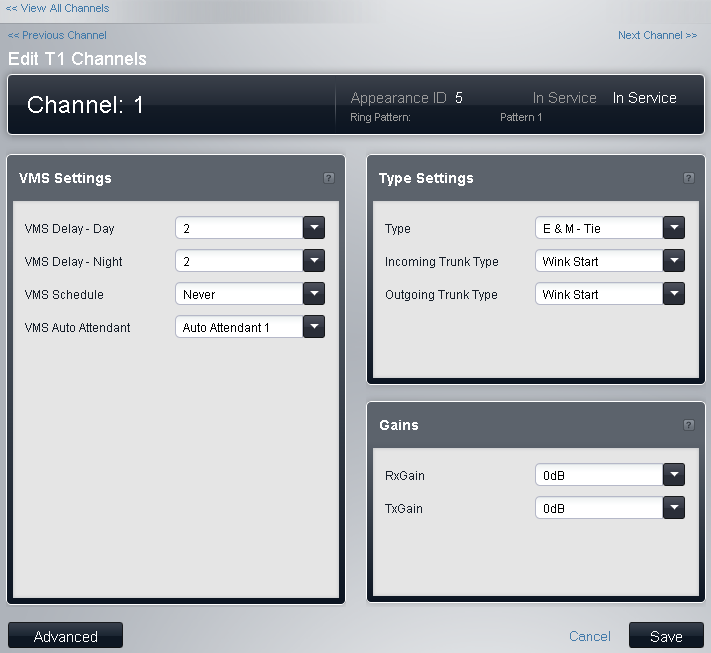 Menus de configuration : Système Configuration du canal T1 Pour accéder à ce menu, sélectionnez la ligne de réseau dans le tableau Lignes de réseau installées 77, puis cliquez sur l'icône de
