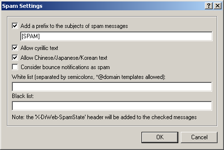 Chapitre 10. SpIDer Mail 129 10.2.1.1. Configuration du filtre antispam Figure 10-2. Fenêtre de Configuration de SpIDer Mail.