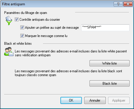 Chapitre 11. Dr.Web pour Outlook 156 11.2.1. Configuration du filtre antispam Figure 11-3. Fenêtre de Configuration du filtre antispam.