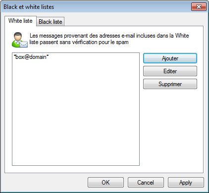 Chapitre 11. Dr.Web pour Outlook 158 Figure 11-4. Fenêtre de configuration de la liste White du filtre antispam. Pour aj outer une adresse dans la liste Black ou White : 1.