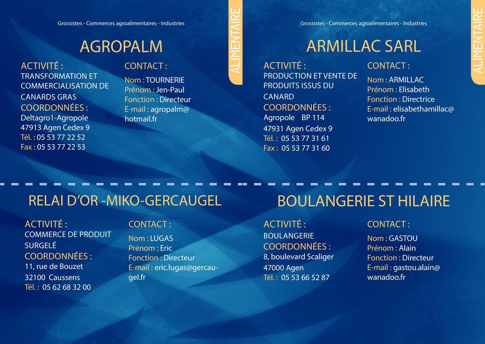 fr alimentaire Grossistes - Commerces agroalimentaires - Industries ARMILLAC SARL production et vente de produits issus du canard Agropole BP 114 47931 Agen Cedex 9 Tél.
