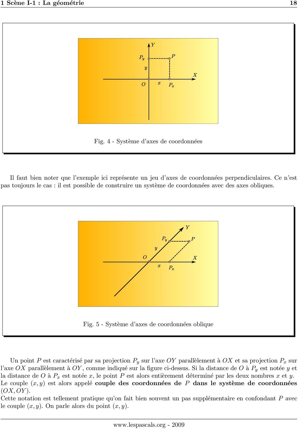5 - Système d axes de coordonnées oblique Un point P est caractérisé par sa projection P y sur l axe OY parallèlement à OX et sa projection P x sur l axe OX parallèlement à OY, comme indiqué sur la