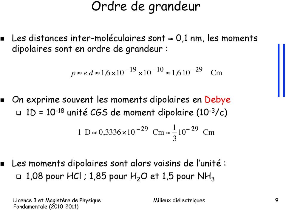 = 10-18 unité CGS de moment dipolaire (10-3 /c) 1 D 0,3336 10 29 Cm 1 3 10 29 Cm Les moments