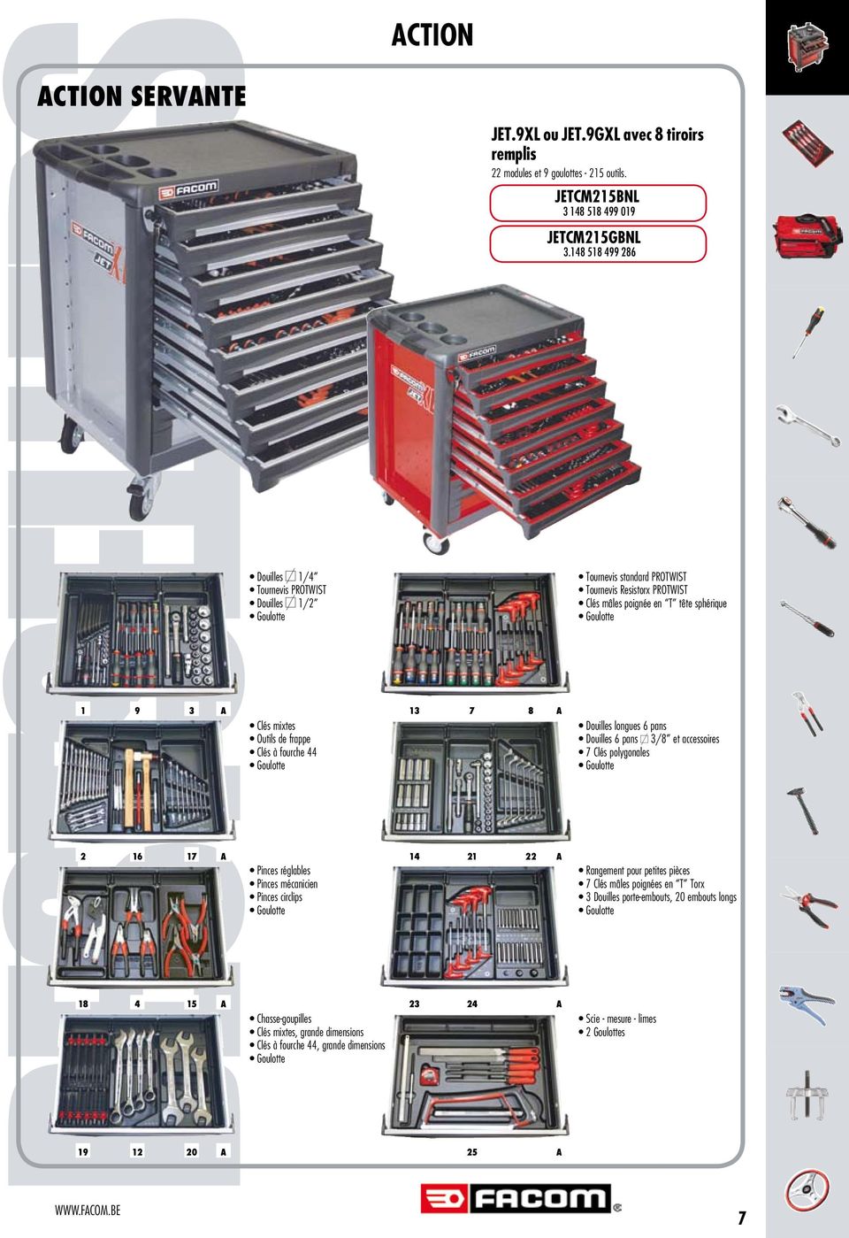 9GXL avec 8 tiroirs remplis 22 modules et 9 goulottes - 215 outils. 8 22 JETCM215BNL 3 148 518 499 019 JETCM215GBNL 3.