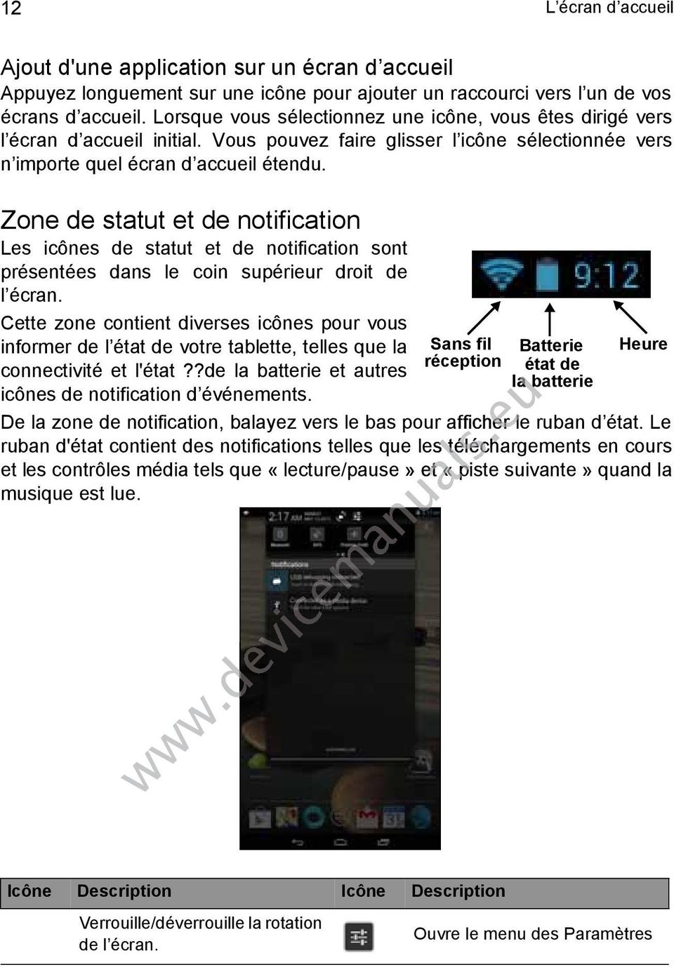 Zone de statut et de notification Les icônes de statut et de notification sont présentées dans le coin supérieur droit de l écran.