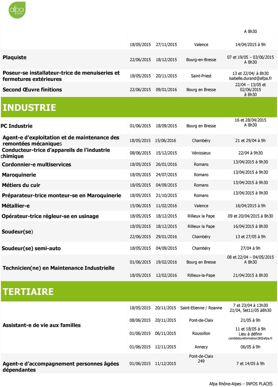 fr 22/04 13/05 et 02/06/2015 16 et 28/04/2015 Agent-e d exploitation et de maintenance des remontées mécaniques Conducteur-trice d appareils de l industrie chimique 18/05/2015 15/06/2016 Chambéry 21