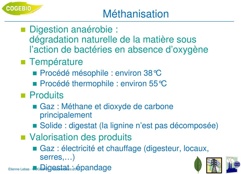 Produits Gaz : Méthane et dioxyde de carbone principalement Solide : digestat (la lignine n est pas