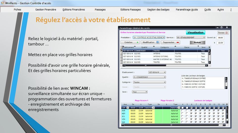 grilles horaires particulières Possibilité de lien avec WINCAM : surveillance simultanée sur