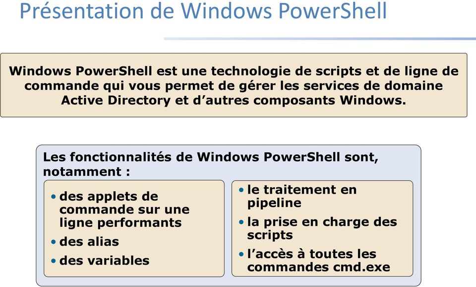 Les fonctionnalités de Windows PowerShell sont, notamment : des applets de commande sur une ligne