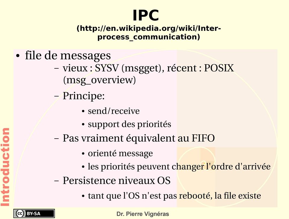 POSIX (msg_overview) Principe: Introduction Pas vraiment équivalent au FIFO send/receive