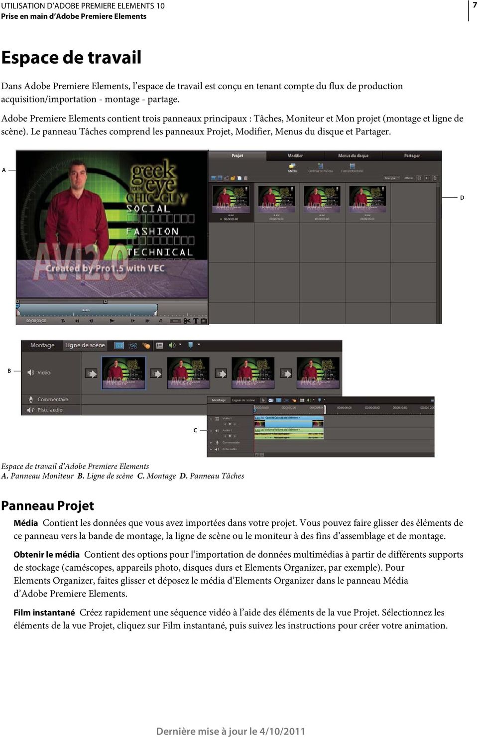 Le panneau Tâches comprend les panneaux Projet, Modifier, Menus du disque et Partager. A D B C Espace de travail d Adobe Premiere Elements A. Panneau Moniteur B. Ligne de scène C. Montage D.