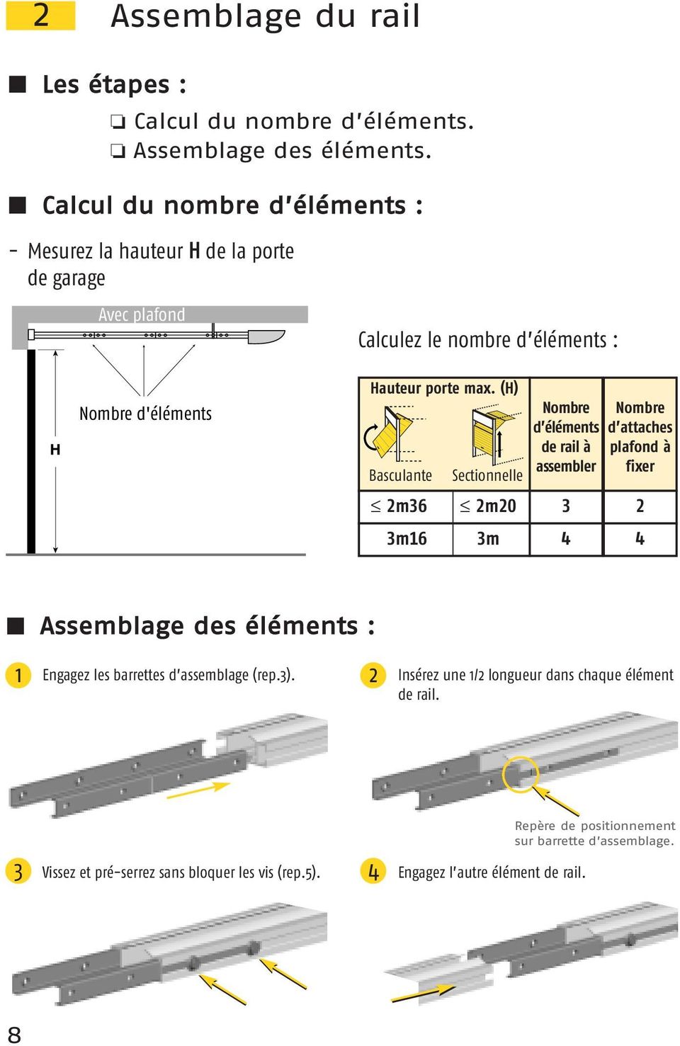 (H) Basculante m36 3m6 Sectionnelle m0 3m Nombre d éléments de rail à assembler 3 4 Nombre d attaches plafond à fixer 4 Assemblage des éléments : Engagez