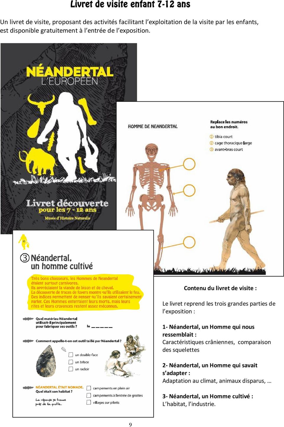 Contenu du livret de visite : Le livret reprend les trois grandes parties de l exposition : 1- Néandertal, un Homme qui nous
