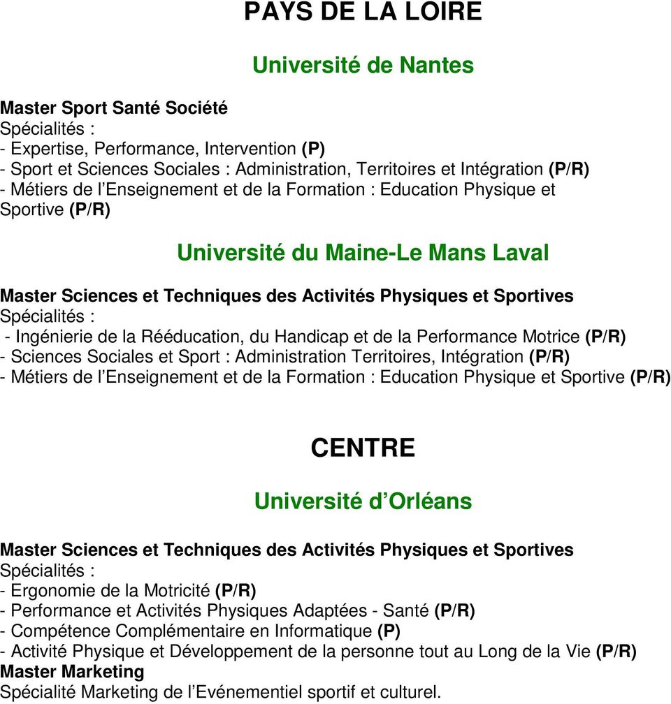 Sociales et Sport : Administration Territoires, Intégration (P/R) - Métiers de l Enseignement et de la Formation : Education Physique et Sportive (P/R) CENTRE Université d Orléans - Ergonomie de la