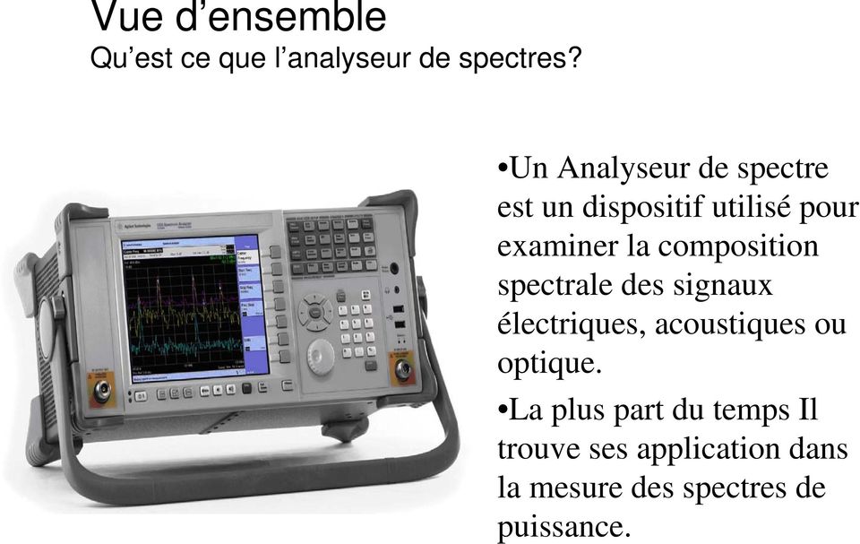 composition spectrale des signaux électriques, acoustiques ou optique.