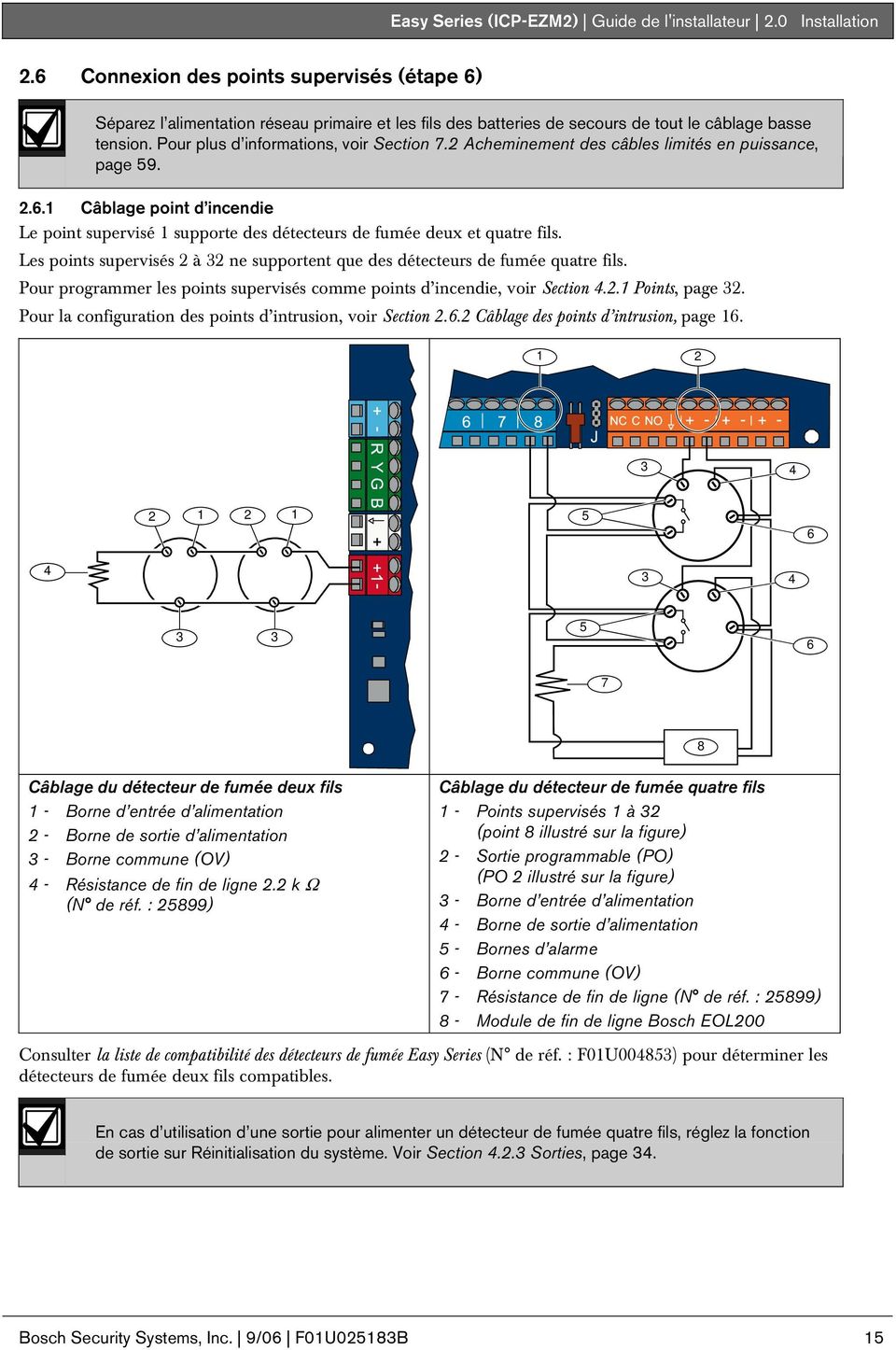 Acheminement des câbles limités en puissance, page 59..6. Câblage point d incendie Le point supervisé supporte des détecteurs de fumée deux et quatre fils.
